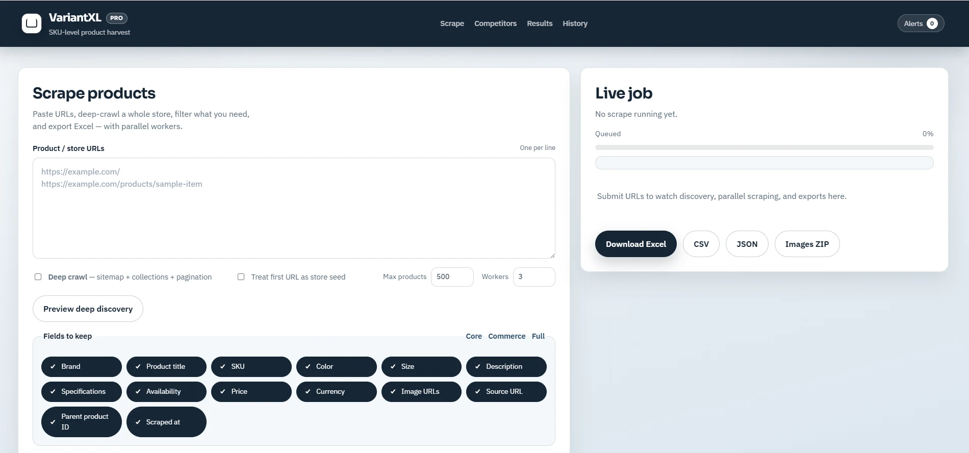 Designswheel Scrape: bulk product scraping screen with URL input, deep-crawl options and field selection
